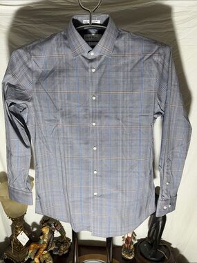 C2 by Calibrate Blue and Gray Plaid Dress Shirt